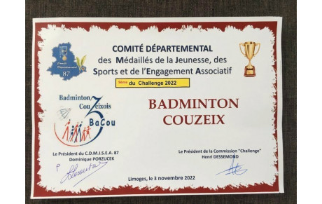 Récompense CDOS lauréat 2022, pour le BACOU